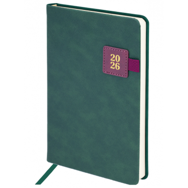 Ежедневник датированный 2026 А5 138х213 мм, BRAUBERG "Accent", под кожу, держатель, зеленый/бордо
