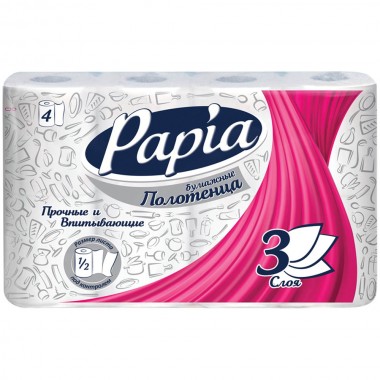 ПОЛОТЕНЦЕ БУМАЖНОЕ PAPIA 3-Х СЛ. 4РУЛ. С ТИСНЕНИЕМ