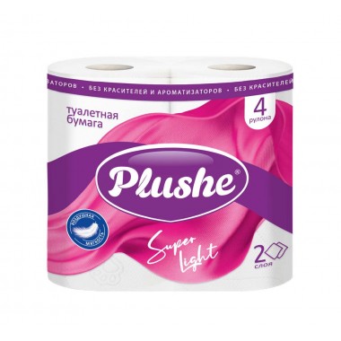БУМАГА ТУАЛЕТНАЯ "PLUSHE" SUPER LIGHT 2 СЛ., 4 РУЛ.,15М., БЕЛАЯ