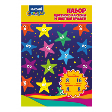 НАБОР КАРТОН ЦВЕТНОЙ А4 8Л. 8ЦВ. И БУМАГА ЦВЕТНАЯ 16Л. 8ЦВ. ДВУСТОР. (MAZARI) ПАПКА